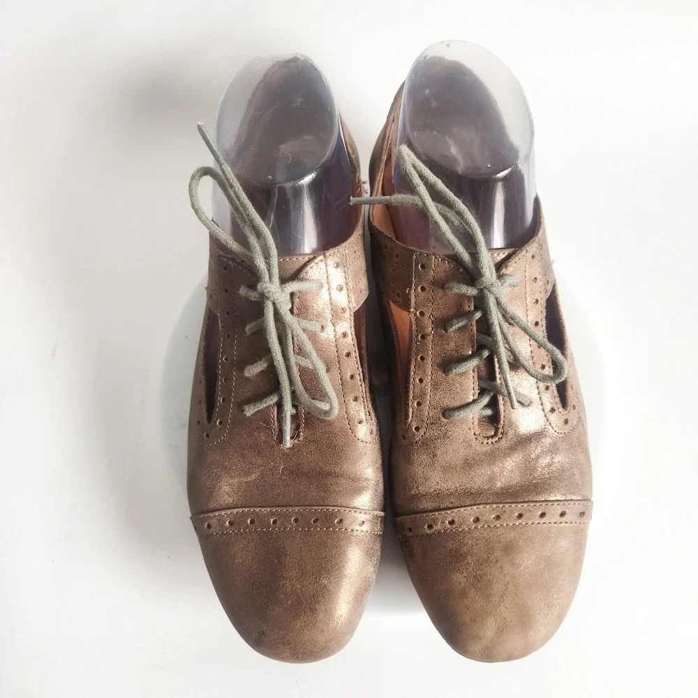 Fossil‎ Flats Size 8.5 Oxford Lace-up Metallic Bronze Leather Cut Out Academia